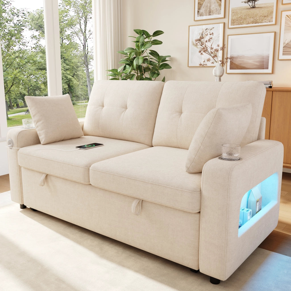Divano letto 2 posti estraibile con LED, USB e USB-C in ciniglia beige