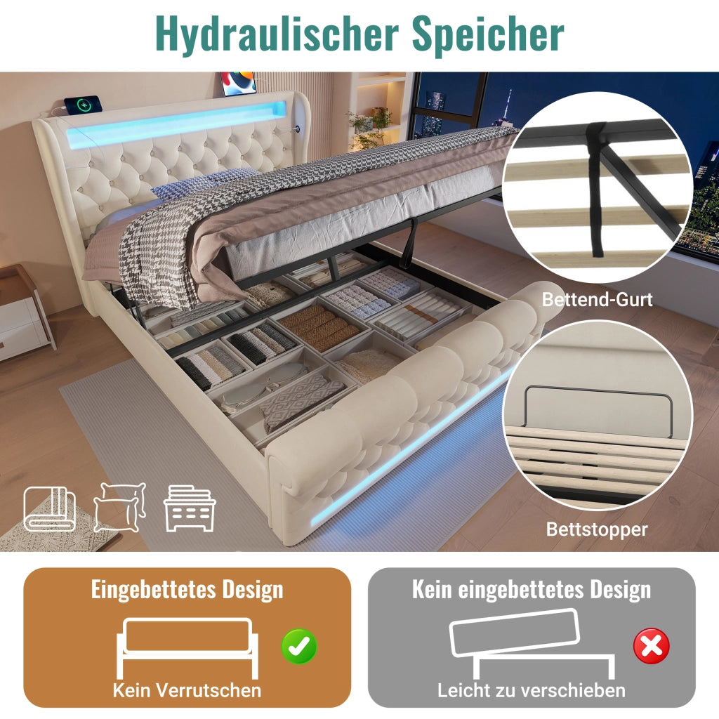 Letto contenitore 160 × 200 cm idraulico con LED USB e Type-C in velluto beige