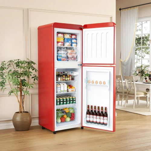 Frigorifero a doppia porta (112L) – controllo della temperatura a 7 livelli; classe di efficienza energetica E; luce LED; ripiani regolabili e portauova – Rosso