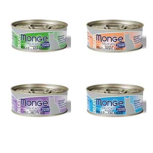 Monge delicate scatolette umido gatto 80g. Confezione risparmio 80g X 24 size: 80g, flavor: POLLO ASPARAGI