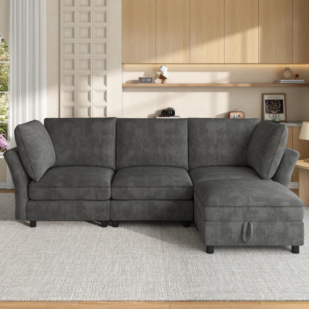 Divano angolare modulare da 4 a 5 posti in ciniglia grigio con pouf contenitore e 2 cuscini 225 × 137 × 84 cm