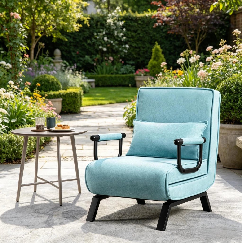 Poltrona letto ULEVR 3 in 1 blu con schienale regolabile in 5 posizioni, struttura in metallo, portata 150 kg