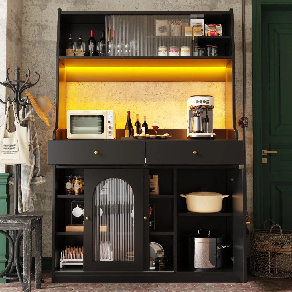 Credenza alta da cucina e sala da pranzo nera con ante a vetrina, 2 cassetti, ripiani regolabili e illuminazione LED a colori variabili