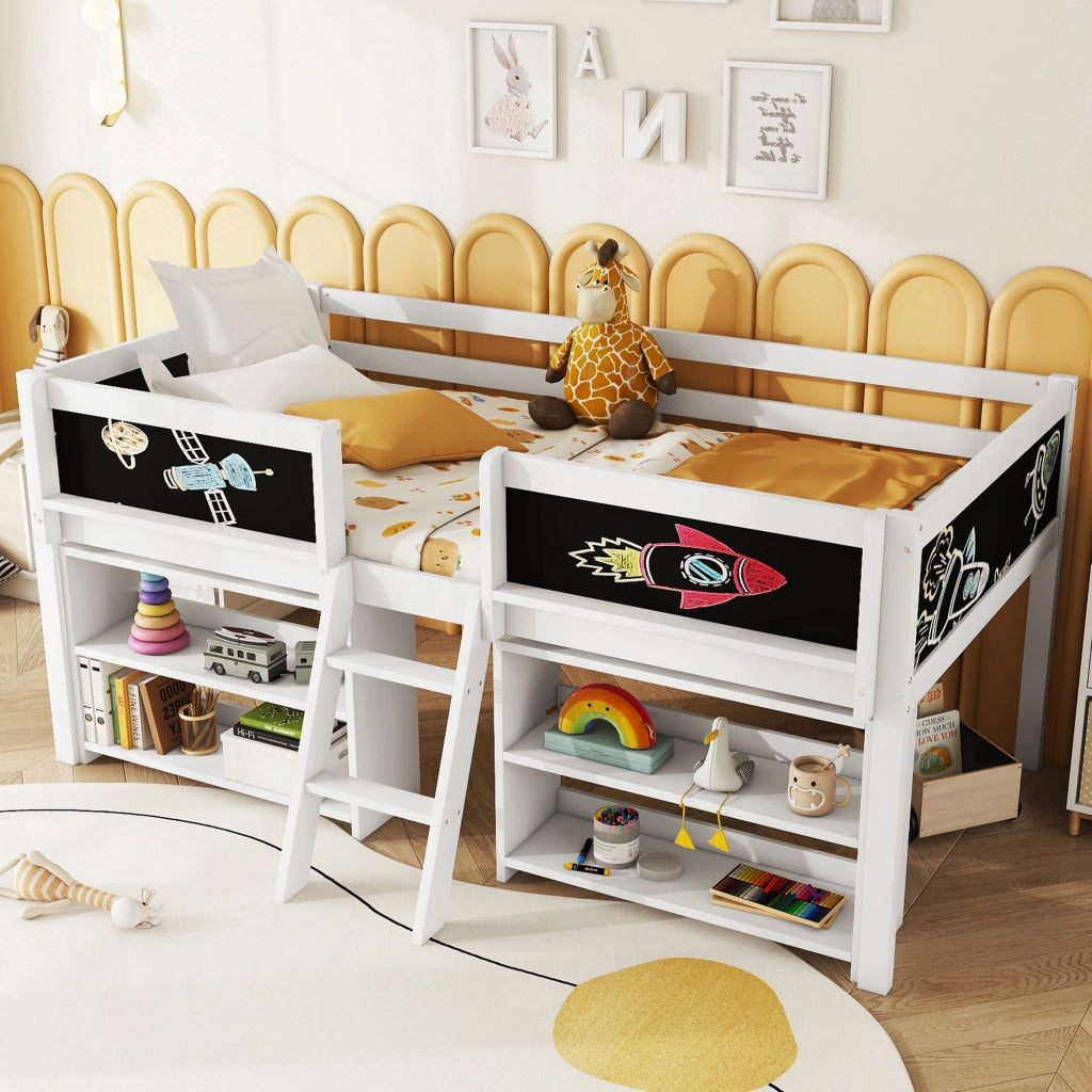 Letto a soppalco 90 × 200 cm con ripiani contenitori e scala in legno e MDF