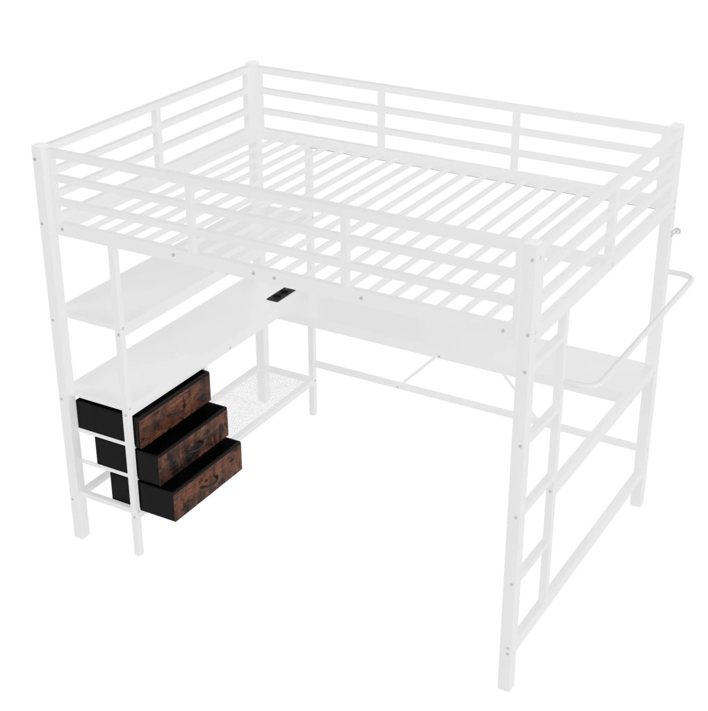 Letto a soppalco 140x200 cm con scrivania, LED, 3 cassetti, prese USB e elettriche, struttura in metallo e MDF, bianco