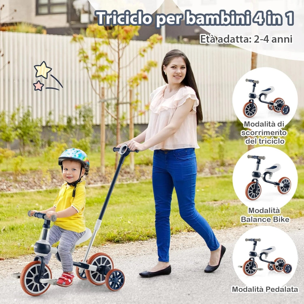 4 in 1 Triciclo per Bambini con Maniglia di Spinta, Triciclo per Bambini Bicicletta Equilibrio con Maniglia, Sedile Regolabili e Pedali Rimovibili, per 2-4 anni (Blu Navy)