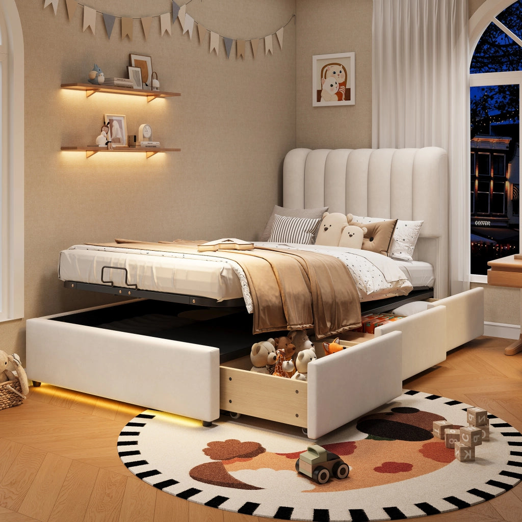 Letto contenitore per bambini 90 × 200 cm con vano idraulico, 3 cassetti e luce LED, senza materasso, velluto beige