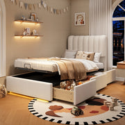 Letto contenitore per bambini 90 × 200 cm con vano idraulico, 3 cassetti e luce LED, senza materasso, velluto beige