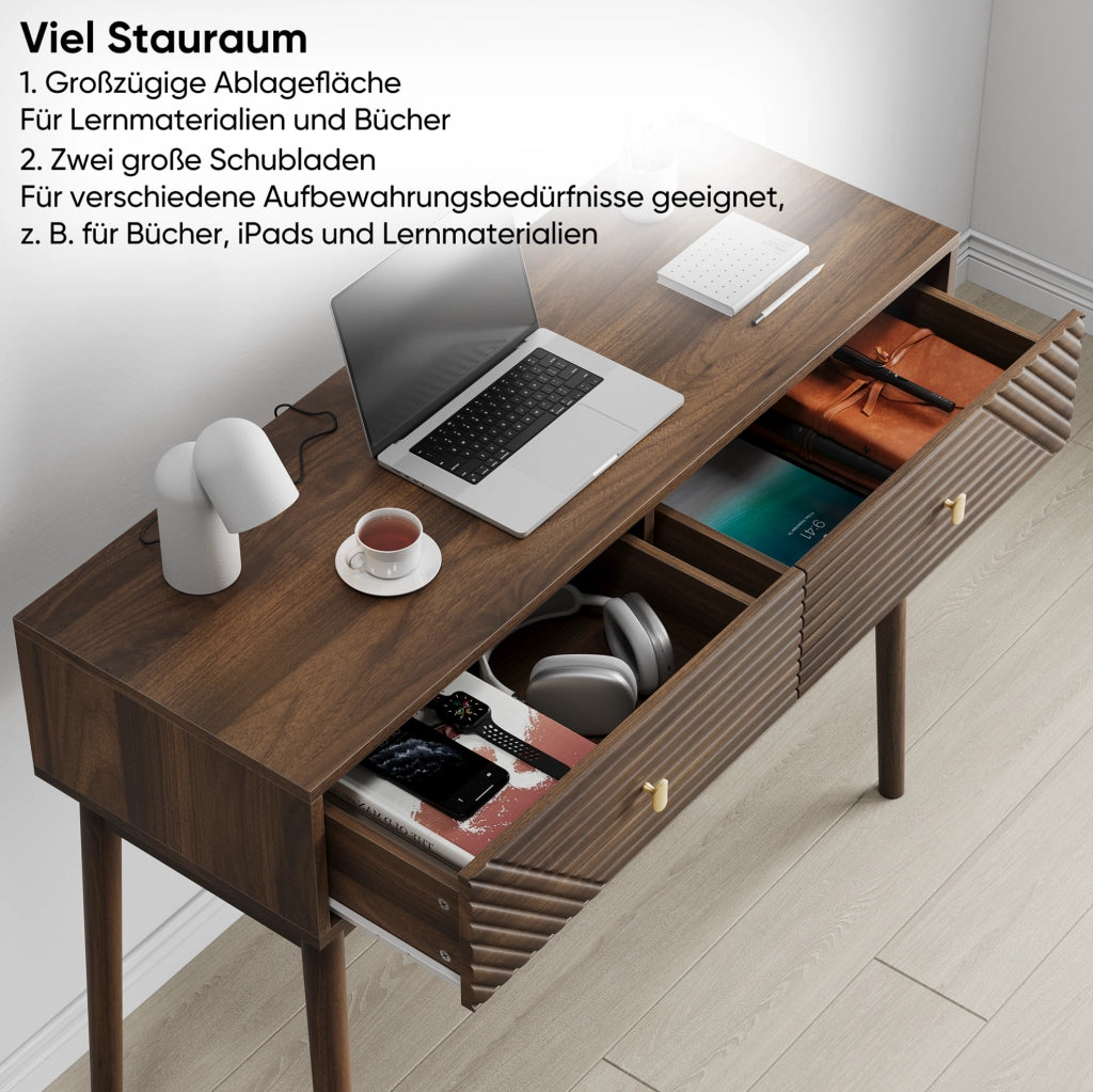 Scrivania consolle con 2 cassetti e ripiani aperti; MDF e truciolare; color noce