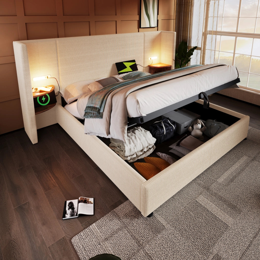 Letto Matrimoniale 160x200 Imbottito in Tessuto a Coste con Contenitore; Luce di Lettura e USB; Beige e Bianco