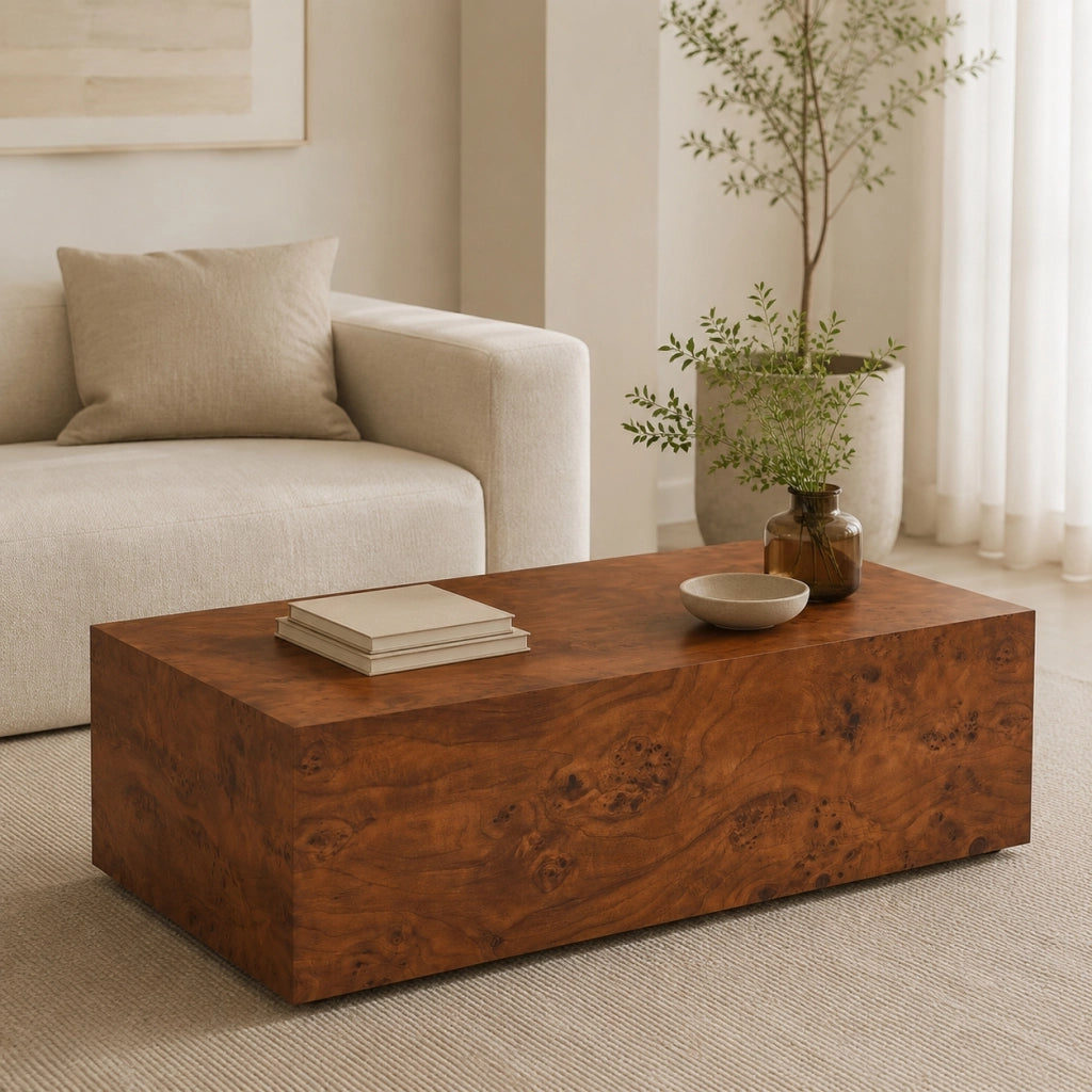 Tavolino basso fisso in MDF color noce con finitura effetto legno e struttura a telaio per soggiorno