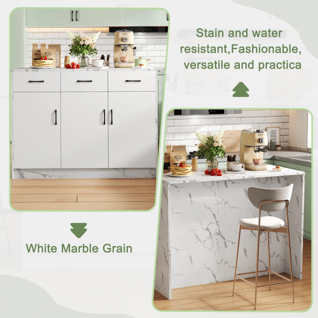 Mobile base da cucina con area bar; 3 cassetti e 3 ante con ripiani regolabili bianco effetto marmo 120 × 60 × 90.5 cm