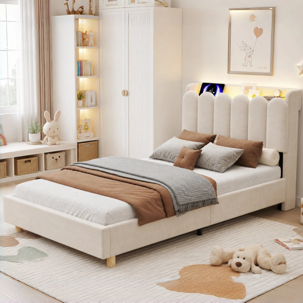 Letto imbottito per bambini in velluto 90 x 200 cm, letto singolo con luce da lettura, USB, Type-C, testiera trapuntata e rete a doghe, beige