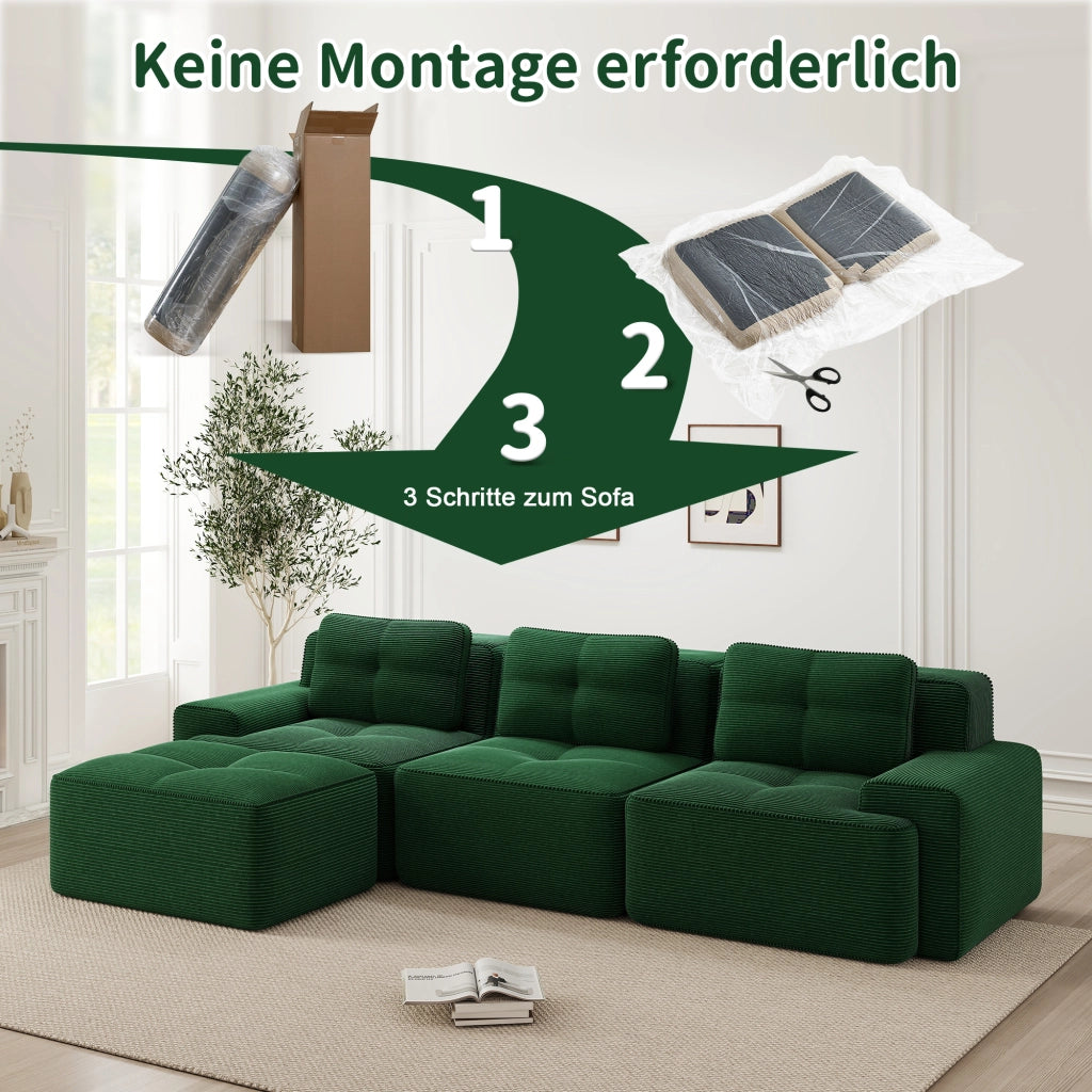 Divano modulare in velluto a coste verde; seduta profonda 74 cm; base antiscivolo e moduli componibili