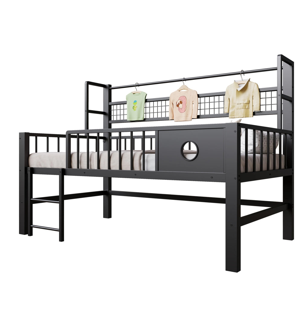 Letto a soppalco basso 90x200 cm in metallo nero con sponde di sicurezza e spazio contenitivo