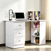 Scrivania da lavoro bianca con 3 cassetti e 2 ripiani, MDF e lega di alluminio, 120x49x72 cm
