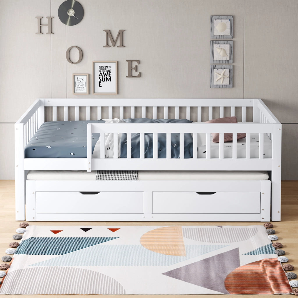 Letto con letto estraibile 90 × 200 cm con due cassetti rete a doghe e barriera perimetrale in legno bianco