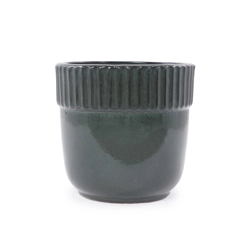 Vaso per piante ULEVR in ceramica ? 30,5 cm, verde scuro lucido con bordo scanalato e fori di drenaggio
