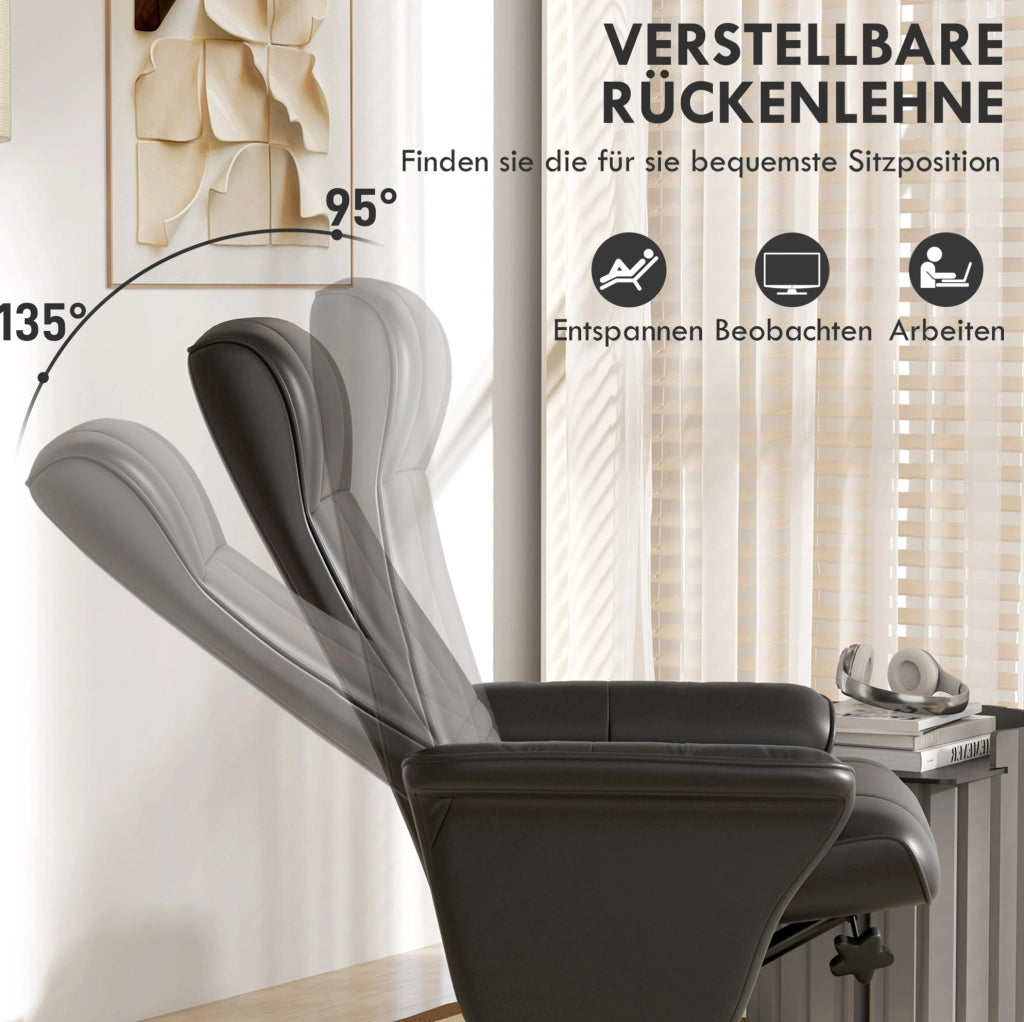 Poltrona relax girevole con poggiapiedi, tessuto microfibra nero, inclinabile fino a 135°, portata 150 kg