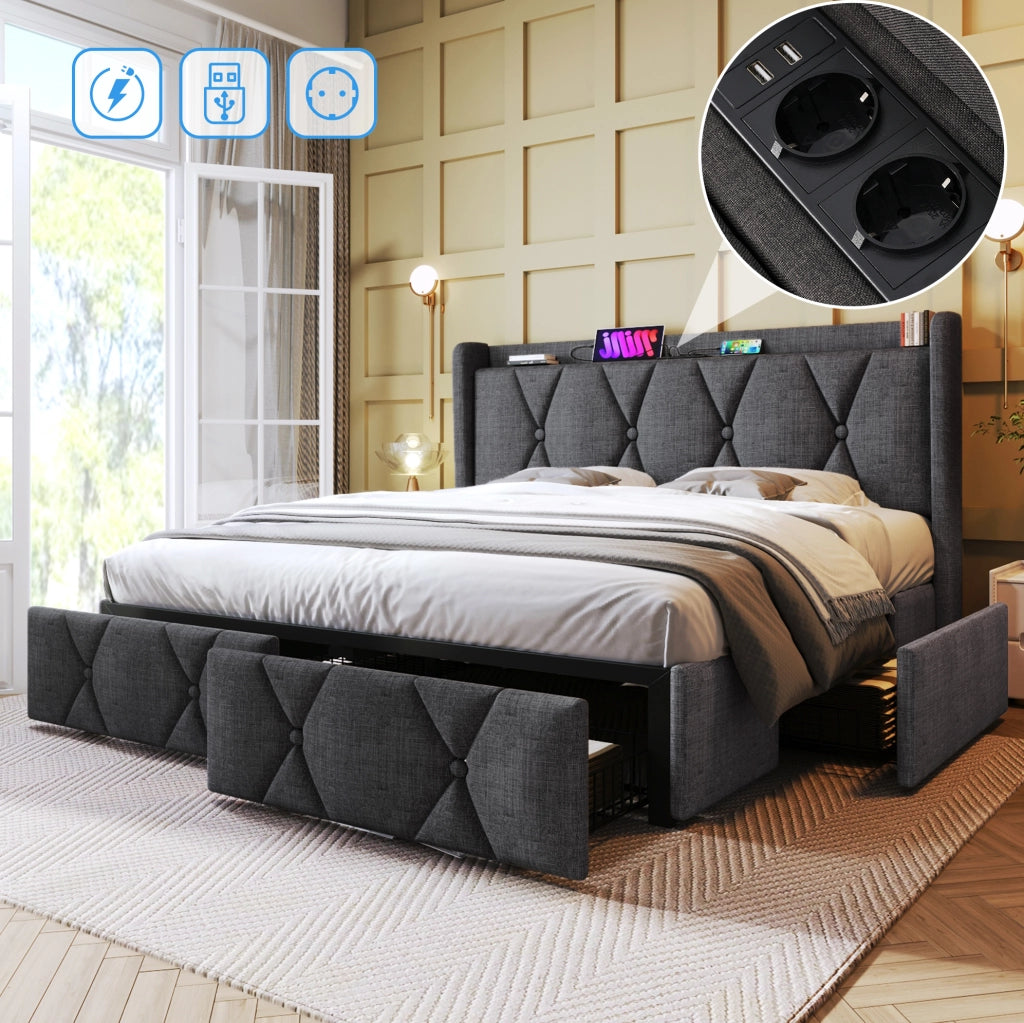 Letto imbottito 140x200 cm con materasso, 4 cassetti e USB in lino grigio