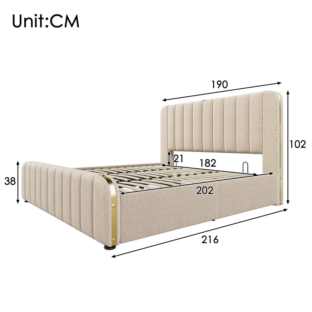 Letto Contenitore Imbottito con Materasso ¨C MINIMAL ¨C Beige, Idraulico, USB, 180x200