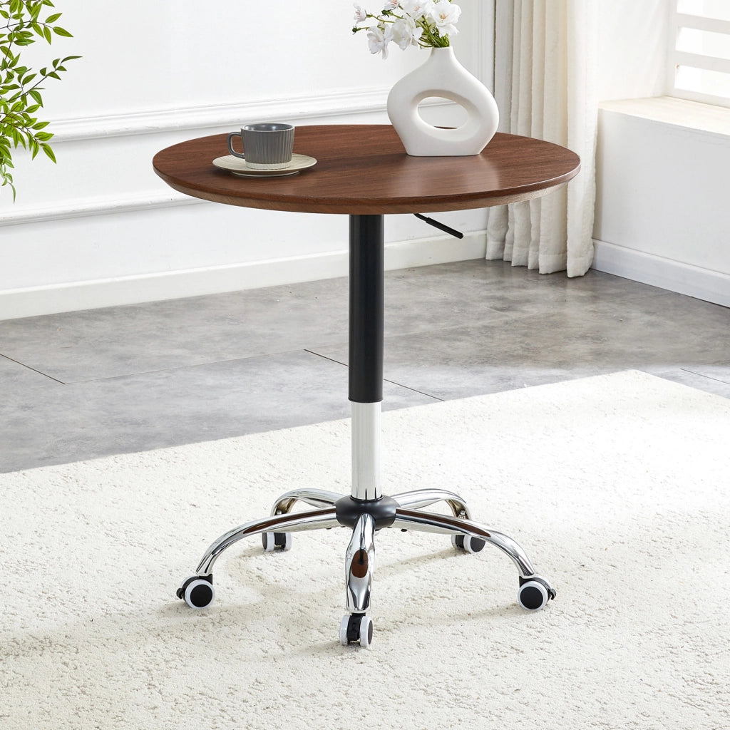 Tavolino rotondo regolabile in altezza 70 cm con ruote, colore noce, per casa, ufficio e caffè