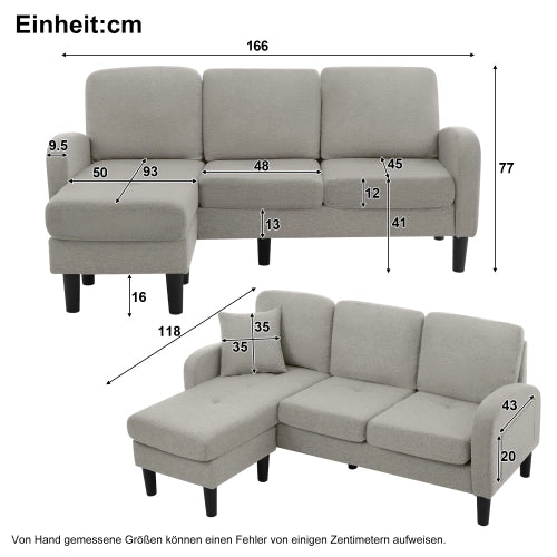 Divano 3 posti modulare con chaise longue reversibile in misto cotone e lino grigio 166 × 118 × 77 cm