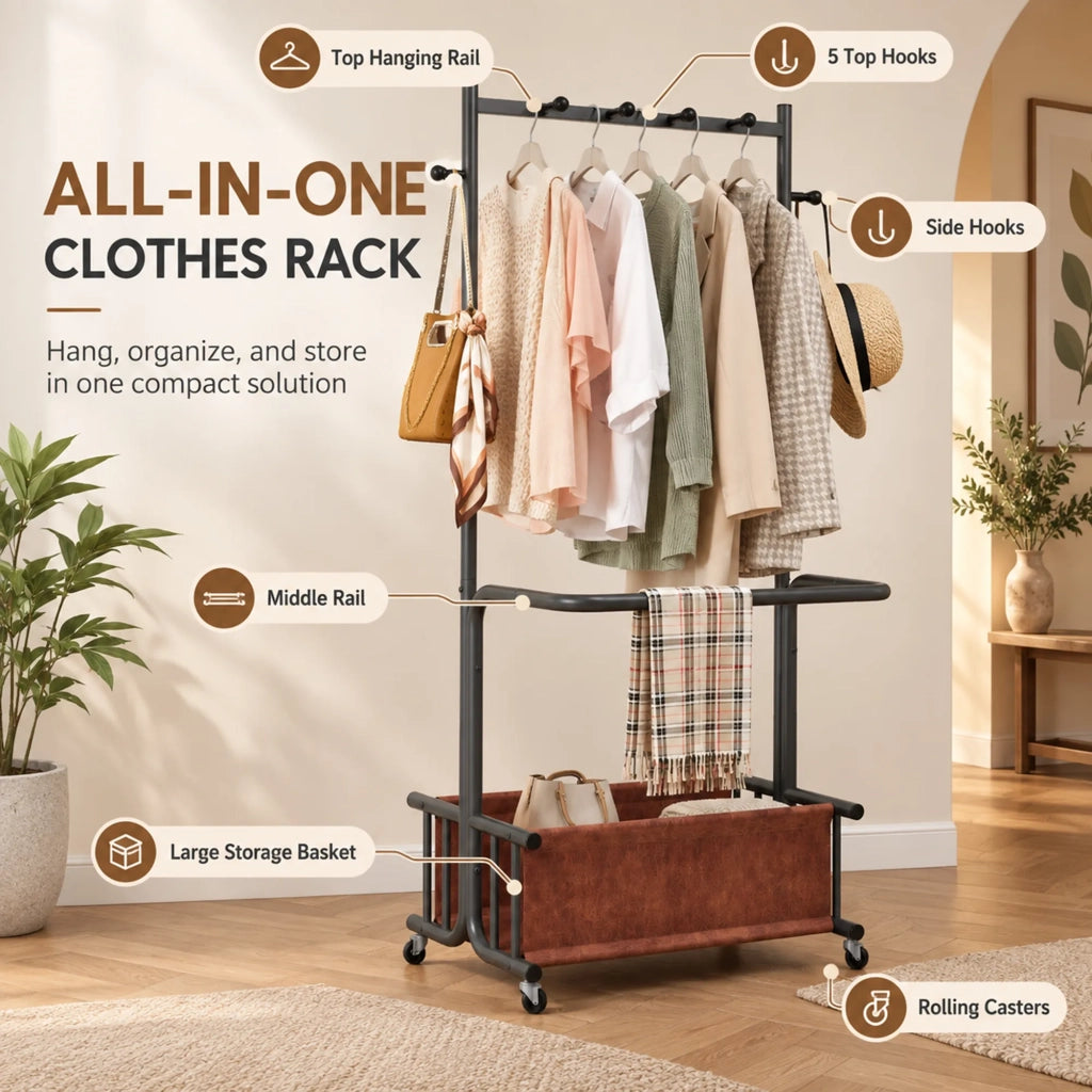 Appendiabiti in metallo con ruote, design multi-gancio e grande cesto porta indumenti in tessuto. Versatile per camera da letto, ingresso e lavanderia