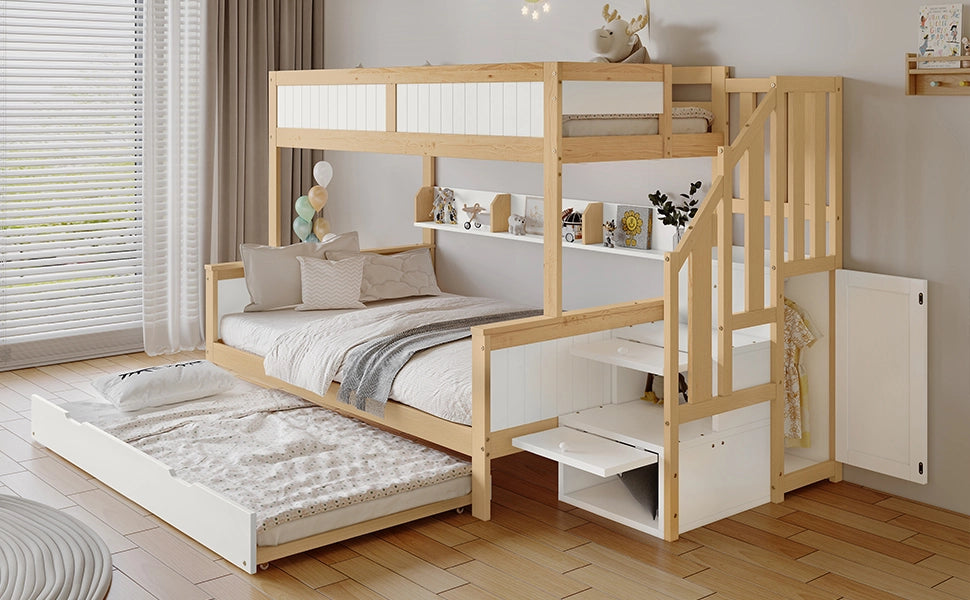 Letto a castello per bambini a tre posti in pino e MDF; con scala contenitore; armadio laterale; bianco e legno naturale