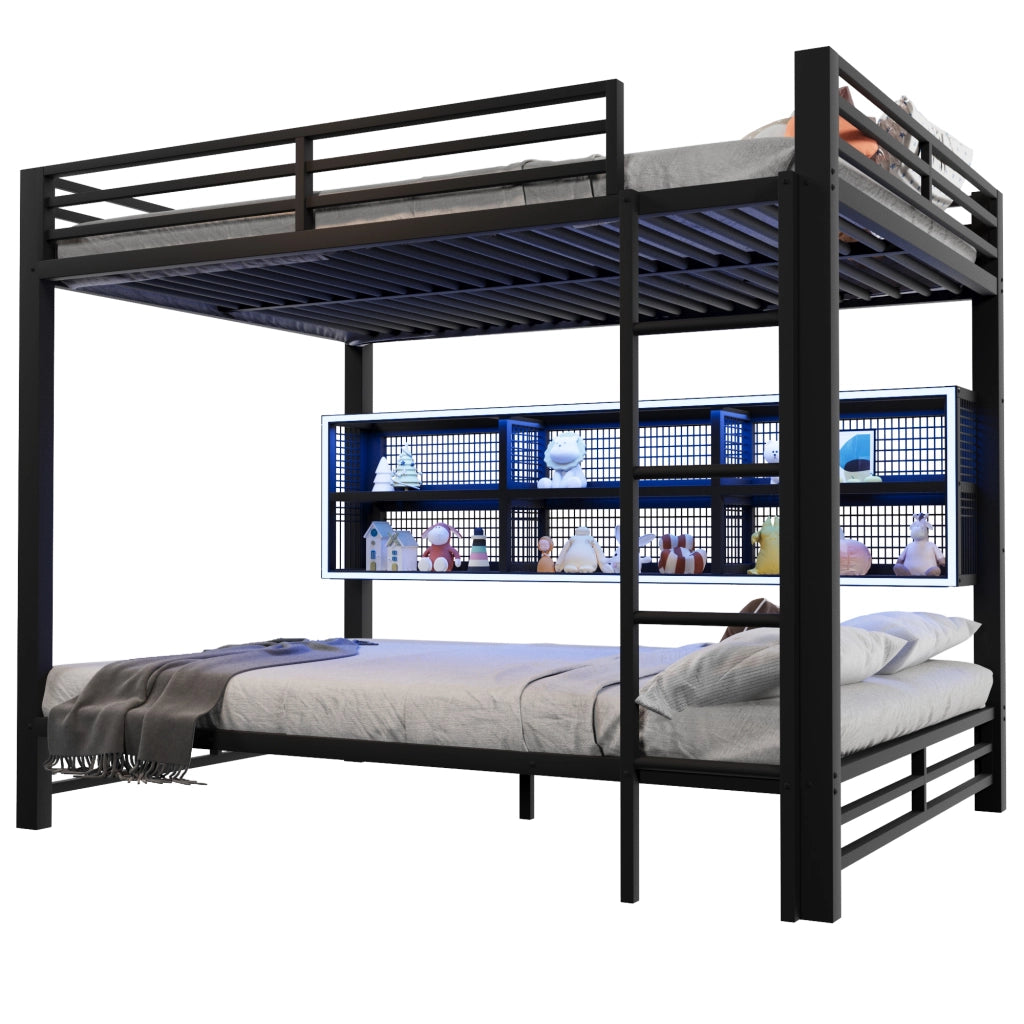 Letto a castello 140x200 cm con armadi contenitore e luce LED, Nero