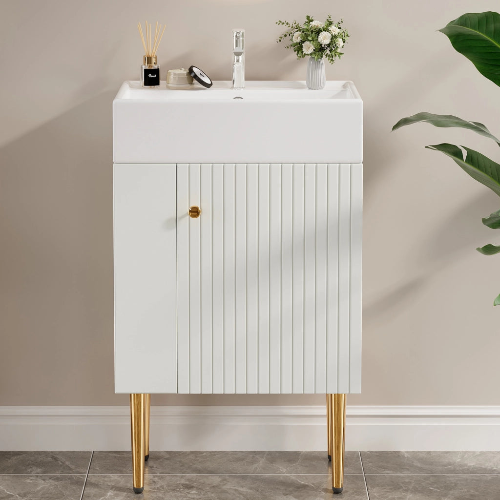 Mobile bagno compatto bianco con lavabo in ceramica lucida da 55 cm