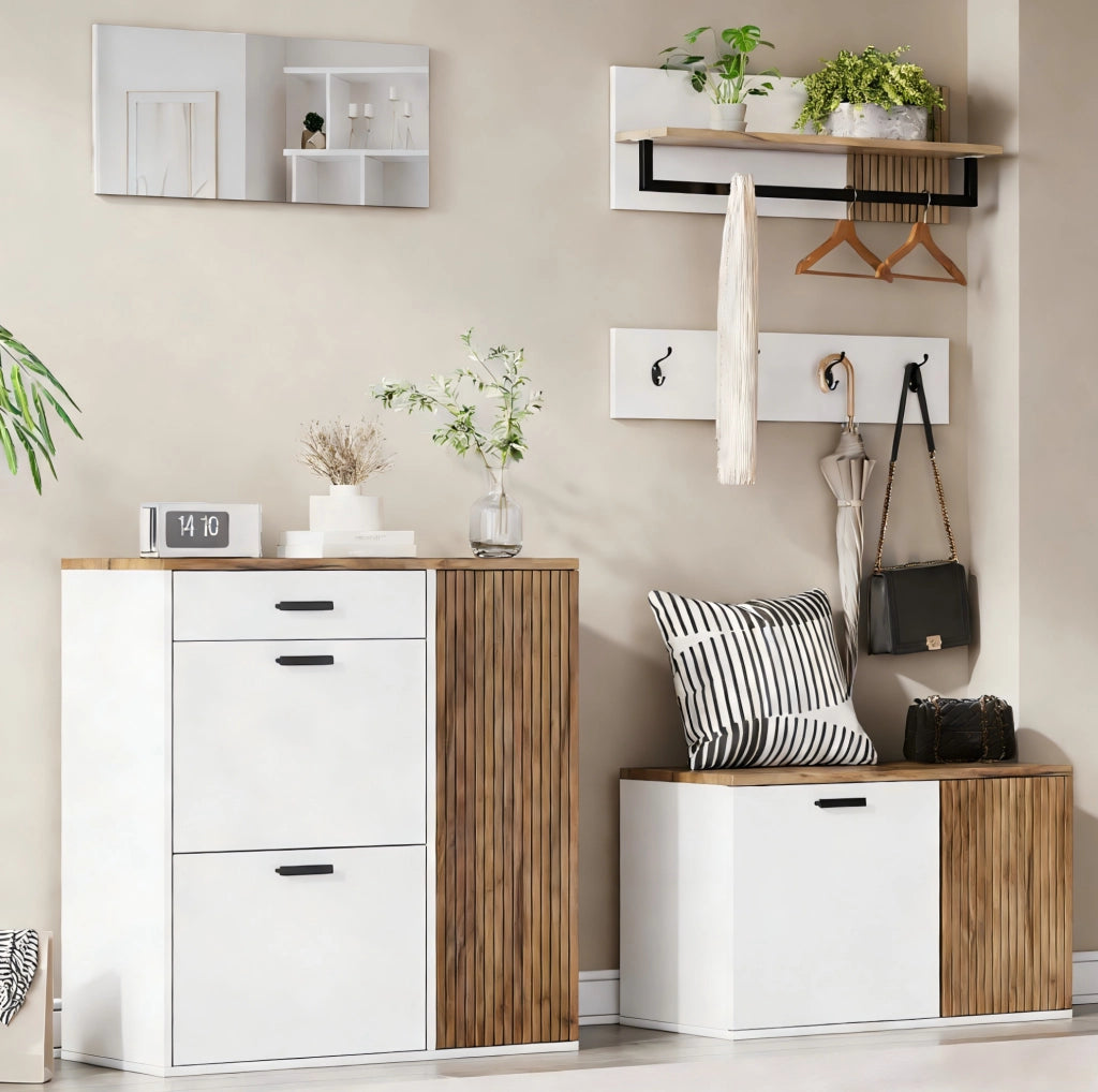 Set di mobili da ingresso 5 pezzi con scaffale porta scarpe, panca, specchio, pannello appendiabiti e ripiano, colore legno e bianco