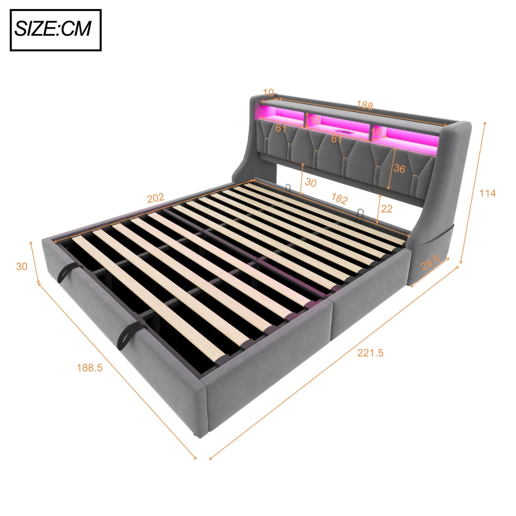 Letto contenitore 180 × 200 cm matrimoniale con prese; USB; Type-C; LED e mensole; senza materasso; velluto grigio