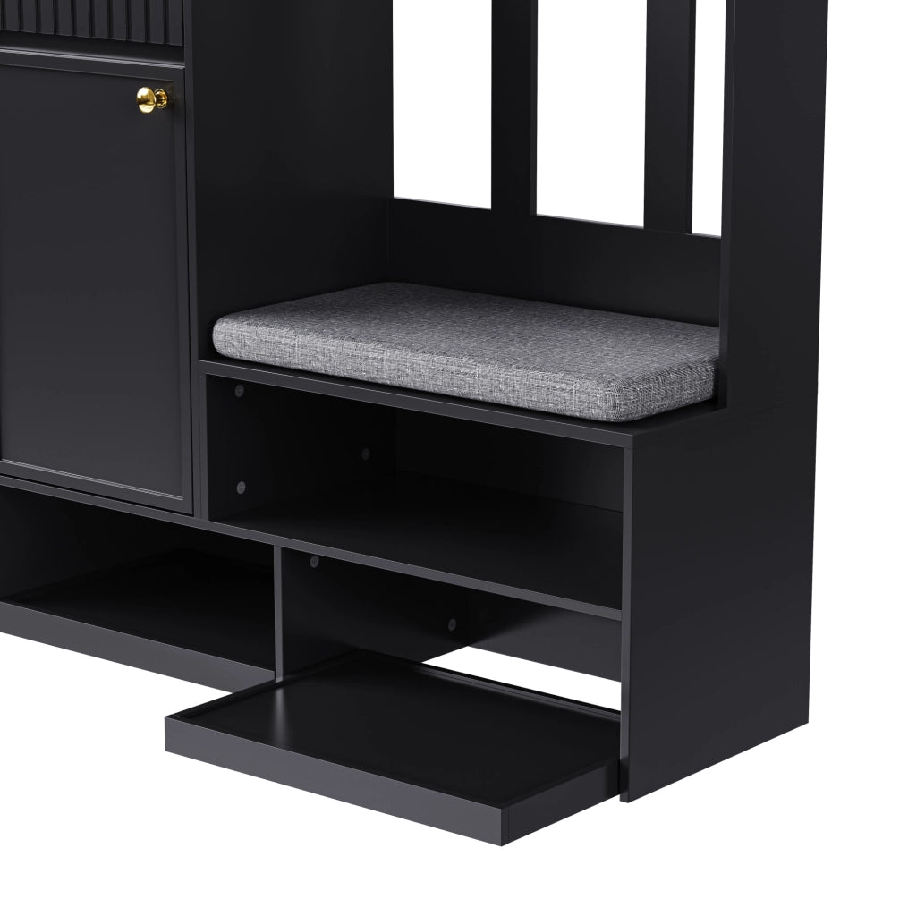 Set guardaroba con panca imbottita, 4 ganci, ante e cassetti, MDF nero, 100×180×35 cm