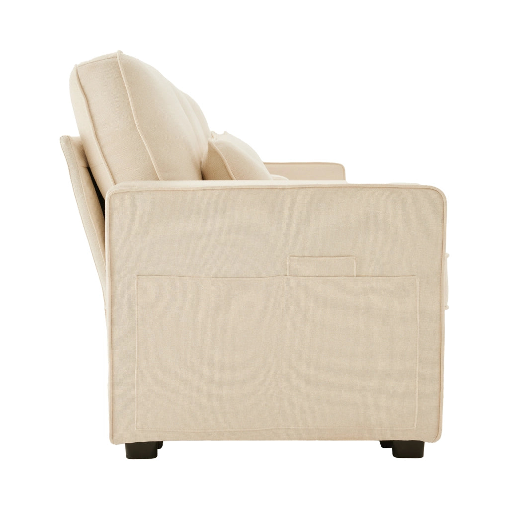 Divano 4 posti 290x83x88 cm con console, USB e portabevande in tessuto effetto lino beige