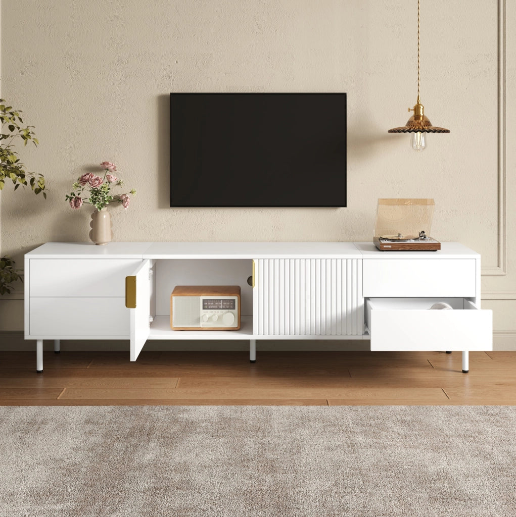 Mobile TV 180x40x49,5 cm con 4 cassetti e ante scanalate in MDF e truciolare bianco