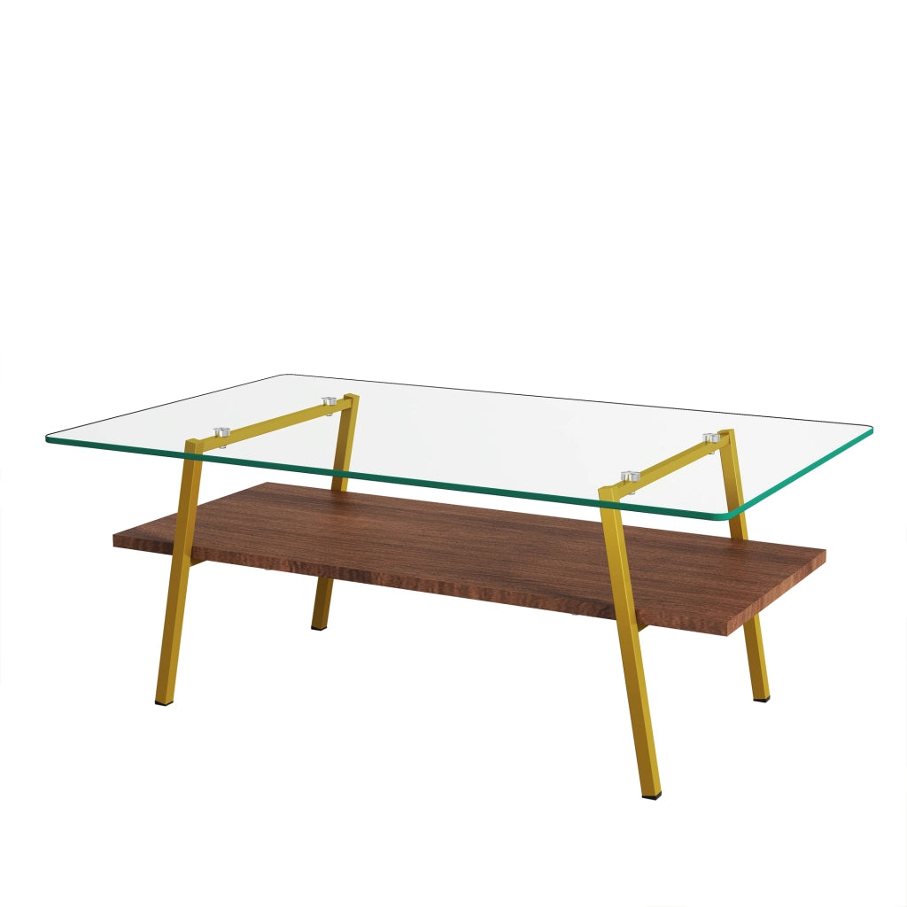Tavolino basso fisso in vetro temperato con base in MDF e gambe in metallo oro rosa cipria 98 × 58 × 42.5 cm