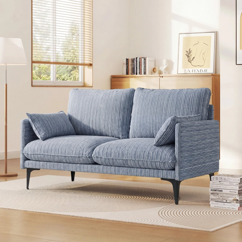 Divano 2 Posti 131x78x83 cm con Braccioli Imbottitura Spessa e 2 Cuscini in Tessuto Blu