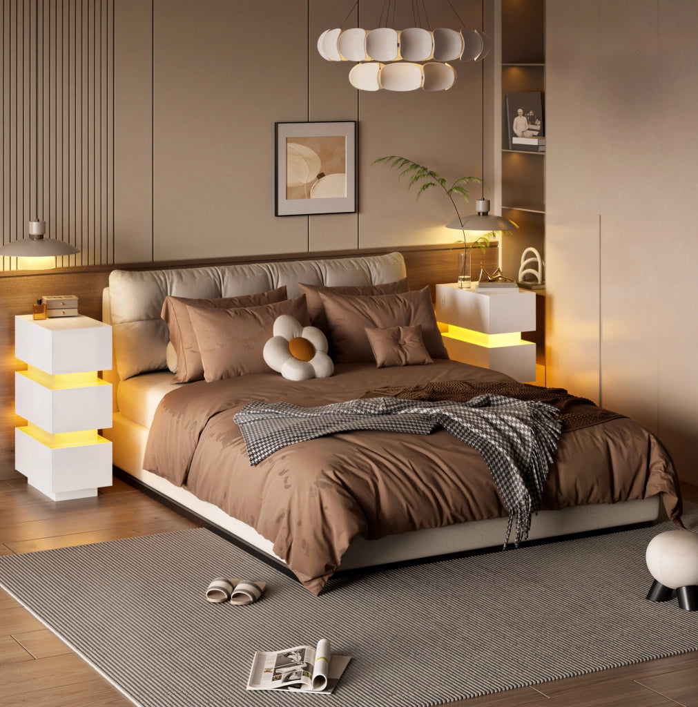 Set 2 comodini 20x40x59,5 cm con LED, USB e USB-C in truciolare bianco