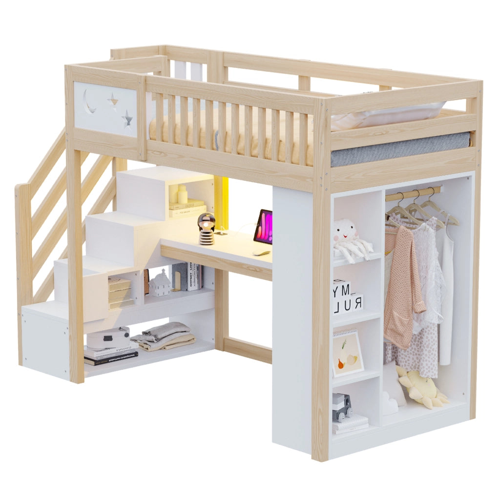 Letto a soppalco ULEVR 90x200 cm con scrivania, LED, prese, armadio aperto e scala contenitore