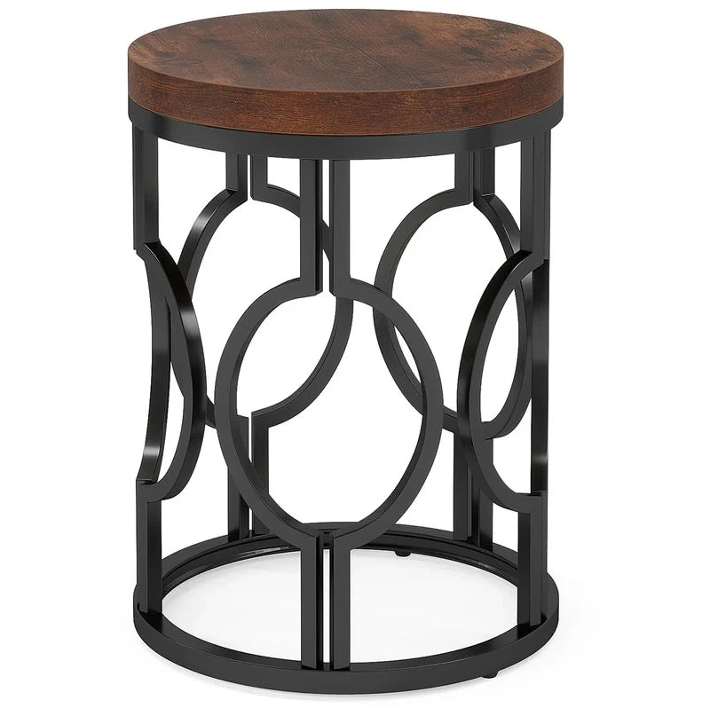 Tavolino rotondo in stile industriale Ø45x50 cm con piano in MDF e struttura metallica nera