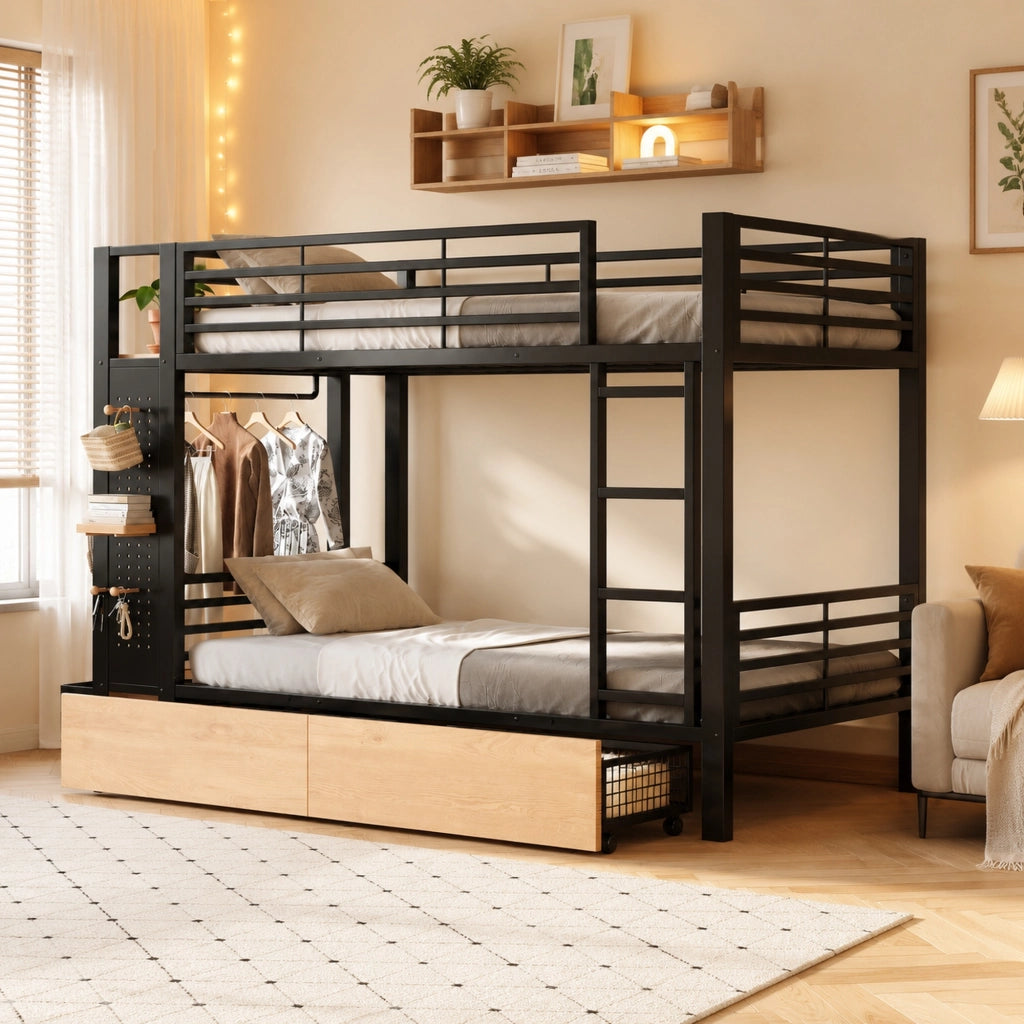 Letto a castello 90 × 200 cm con LED; cassetti; ripiani e barra appendiabiti in metallo e MDF nero