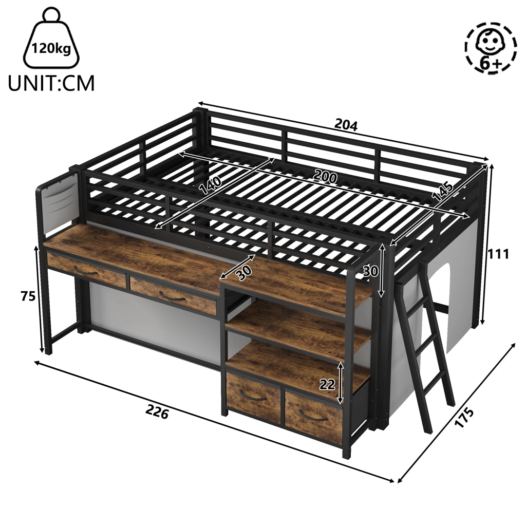 Letto a soppalco 140x200 con scrivania; scaffali; cassetti in tessuto e LED; struttura in metallo nero per cameretta