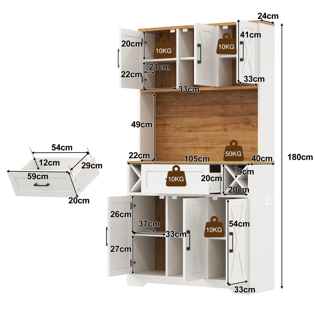 Credenza da cucina 105x40x180 cm con LED RGB e portabottiglie in MDF naturale e bianco