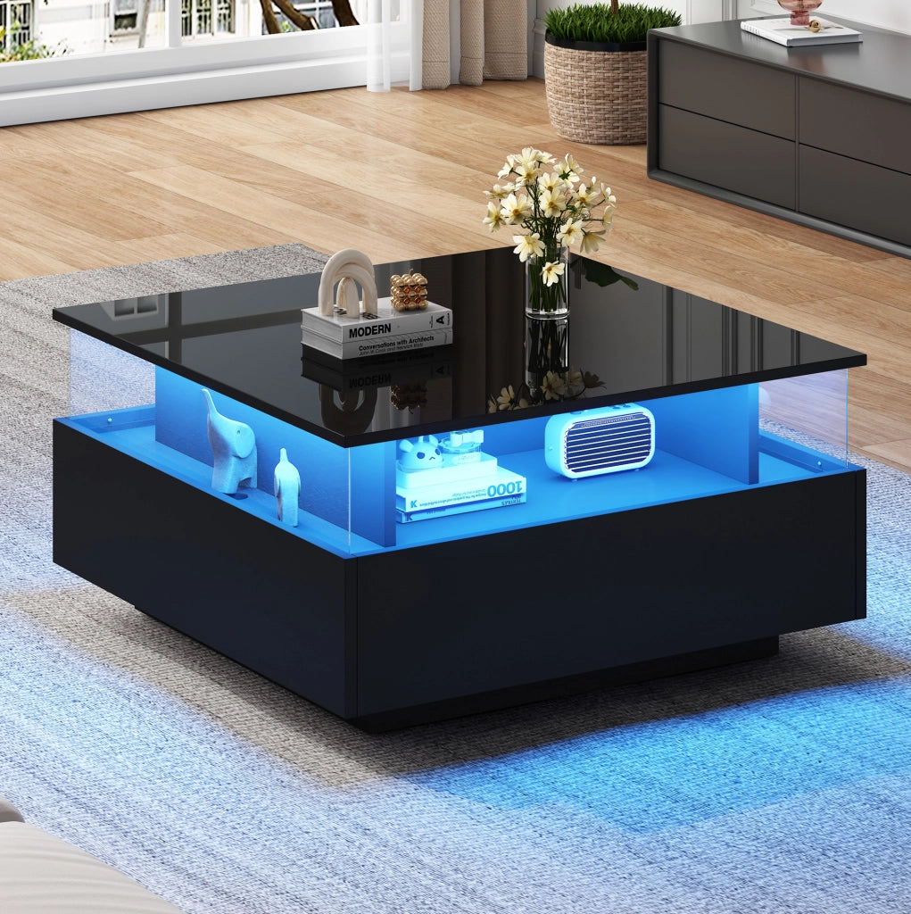 Tavolino da caffè con LED e 2 cassetti; 70 x 70 x 41 cm; nero