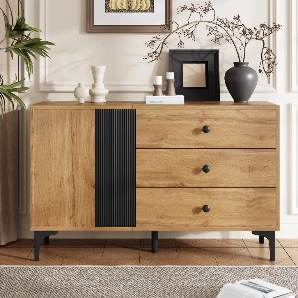 OKWISH Credenza con 1 Anta e 3 Cassetti, Piedini in Metallo, per Soggiorno e Sala da Pranzo, Nero e Naturale, 120 x 35 x 76 cm