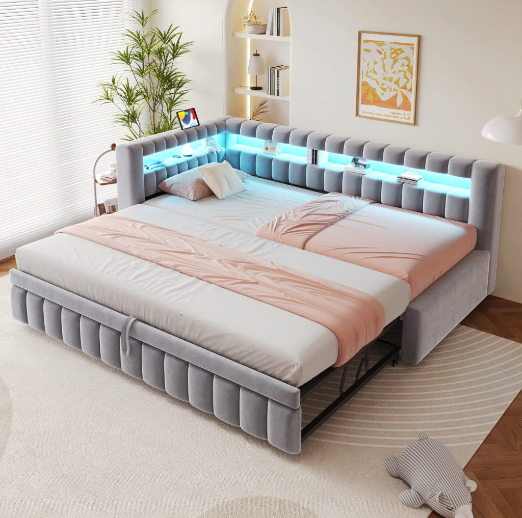 Divano letto estraibile 90x200 cm in velluto grigio chiaro con LED e USB