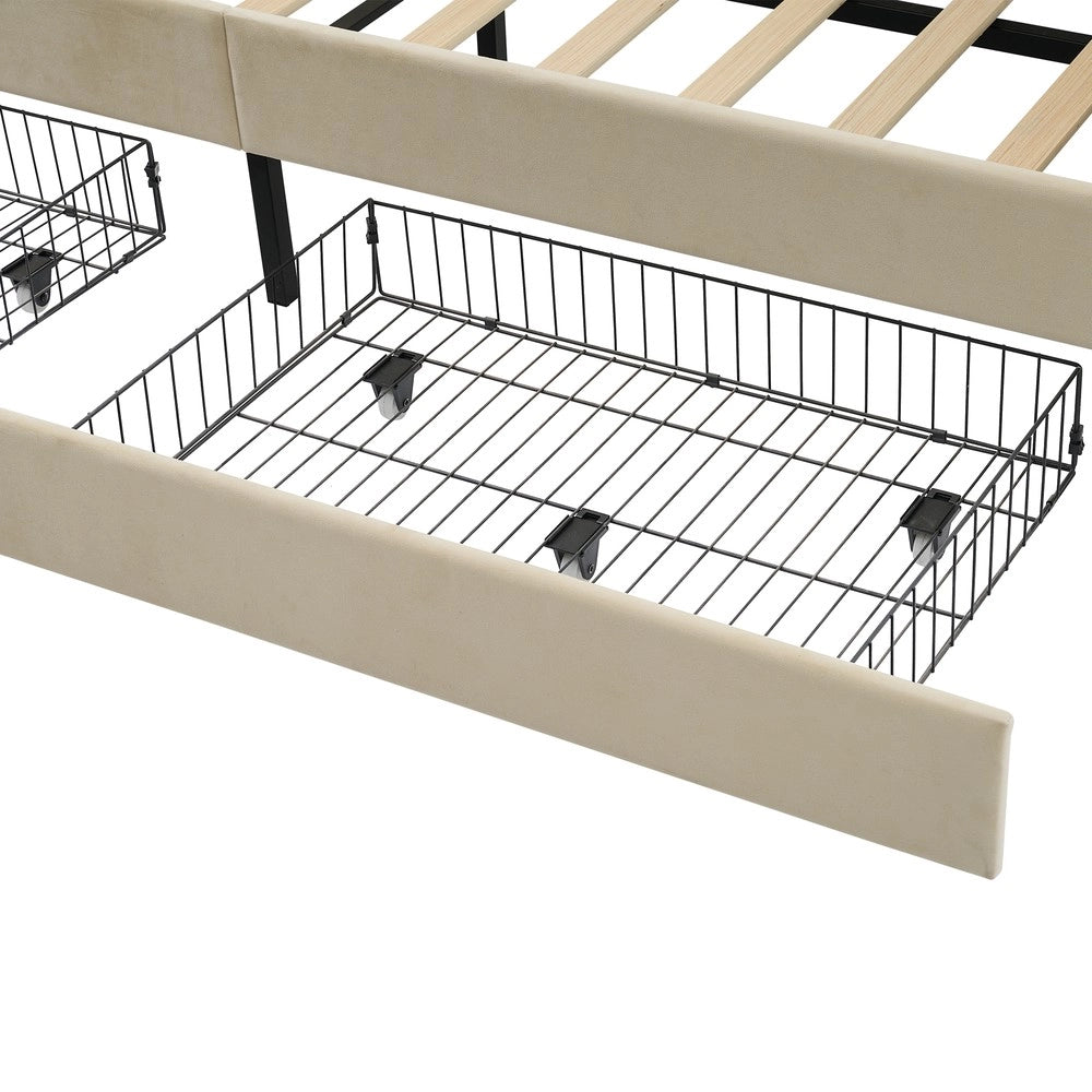 Letto Imbottito Contenitore con USB e 2 Cassetti ¨C MINIMAL ¨C Velluto Beige 90x200