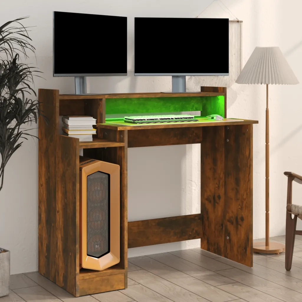 Scrivania con Luci LED Rovere Fumo 97x45x90 cm in Multistrato 820475