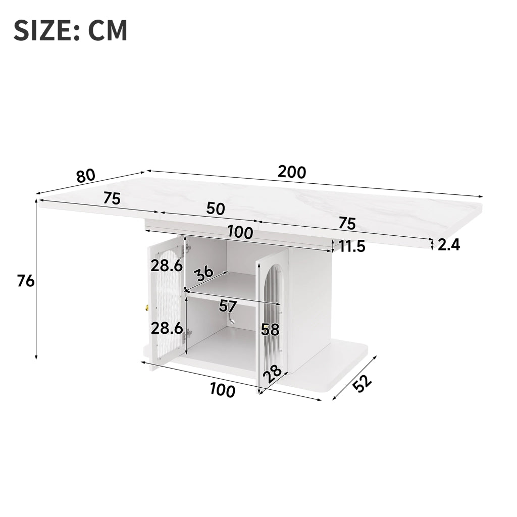 Tavolo da pranzo allungabile con vani contenitore e LED regolabili, stile scandinavo, in MDF bianco, 150/200 × 80 cm